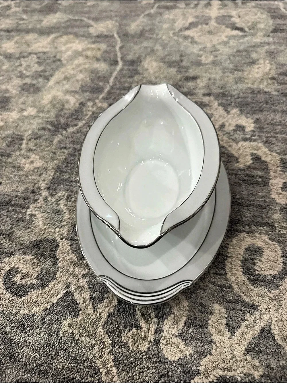 Vintage Noritake Grayburn 5323 Gravy Boat Attached Underplate Platinum Japan